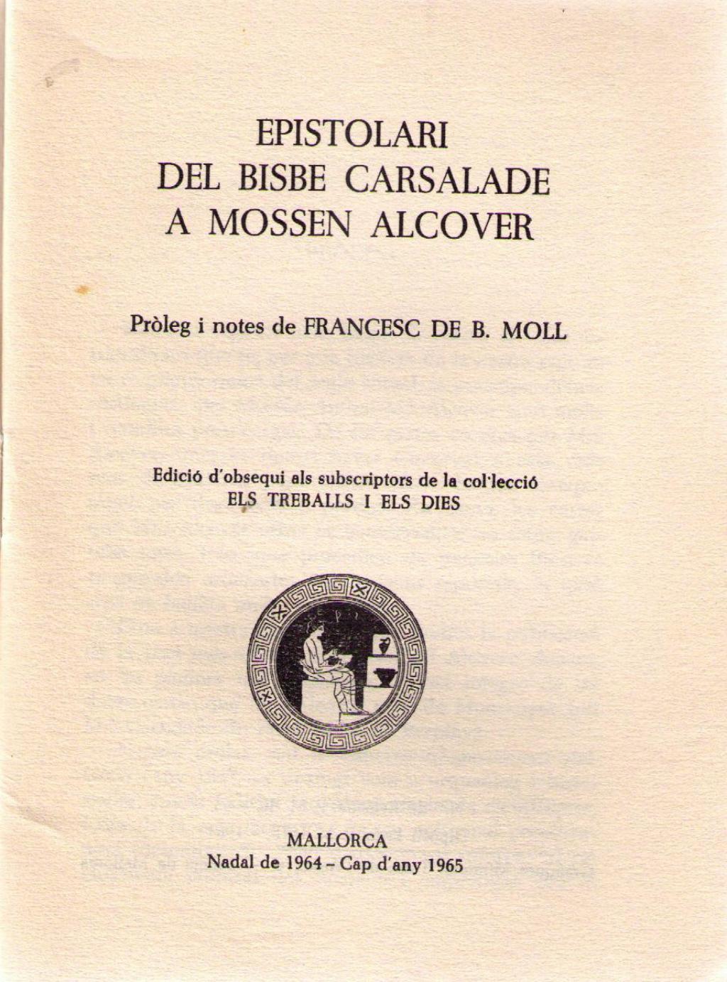 Coberta de Epistolari del bisbe Carsalade a Mossen Alcover